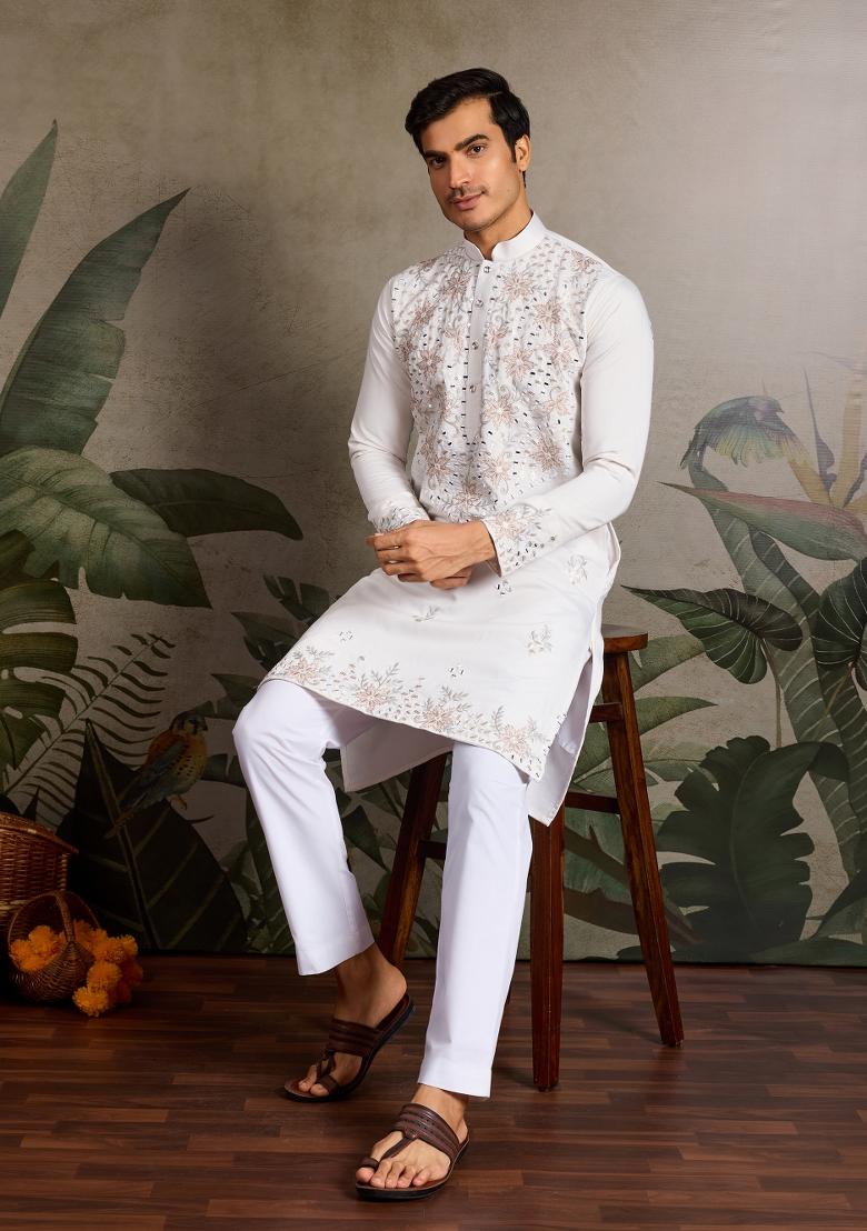 White Embroidered Silk Kurta For Men - Indya