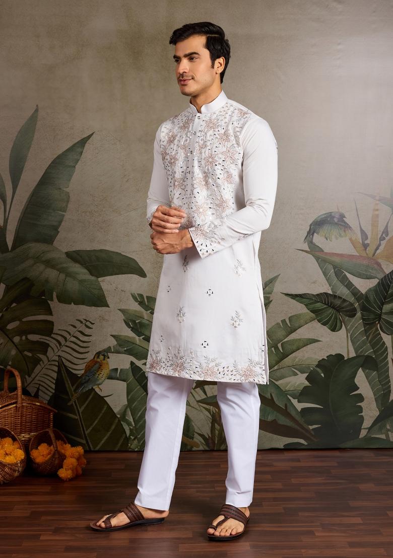 White Embroidered Silk Kurta For Men - Indya