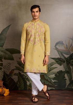 Yellow Embroidered Silk Kurta For Men
