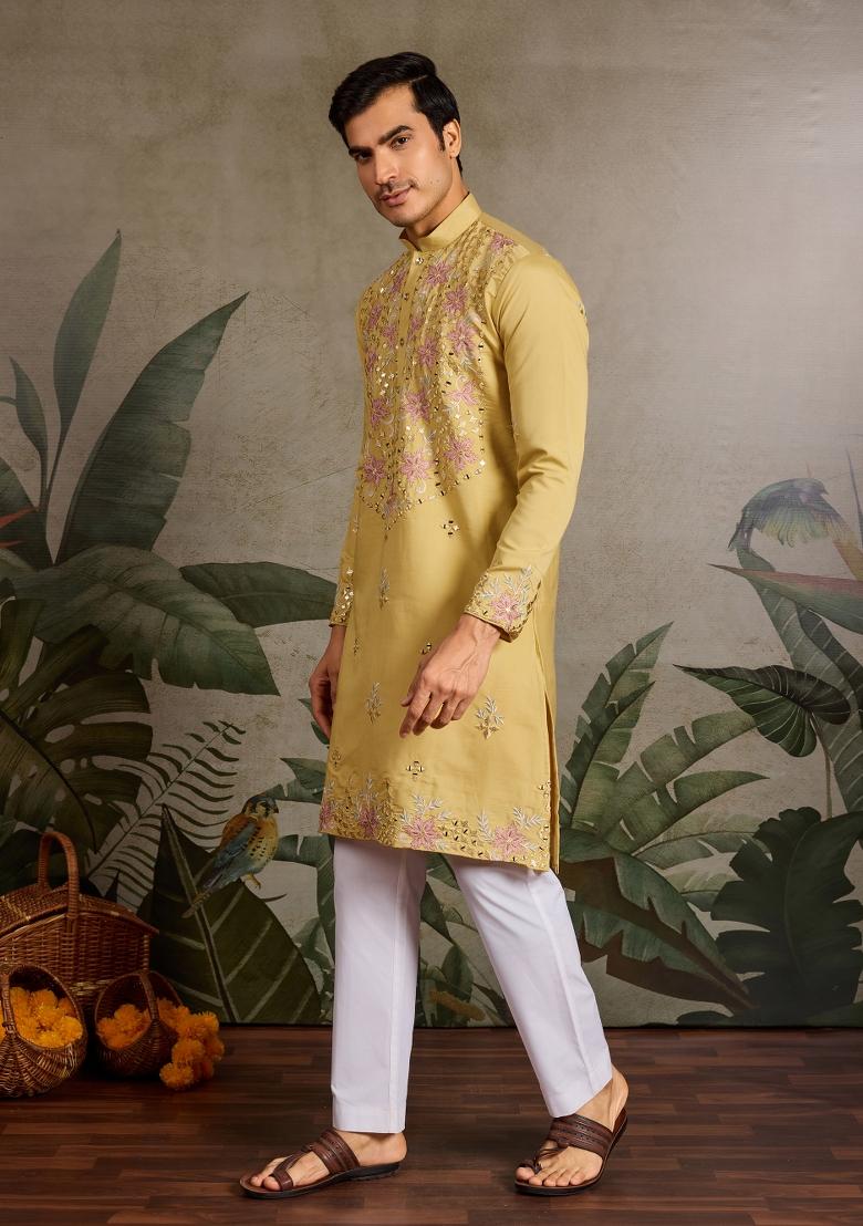 Yellow Embroidered Silk Kurta For Men - Indya