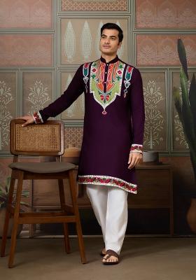 Purple Embroidered Cotton Kurta For Men