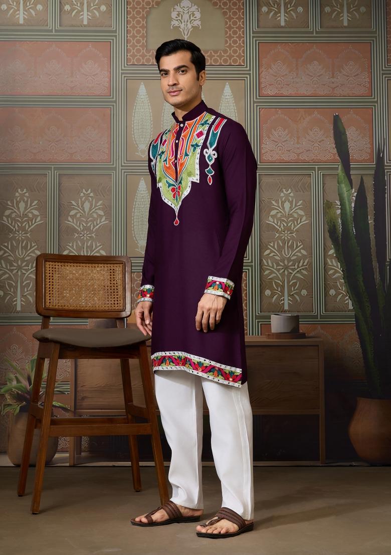 Purple Embroidered Cotton Kurta For Men - Indya