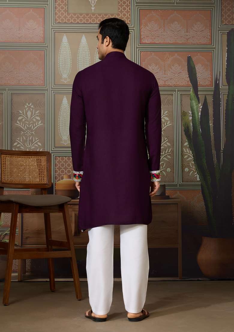 Purple Embroidered Cotton Kurta For Men - Indya