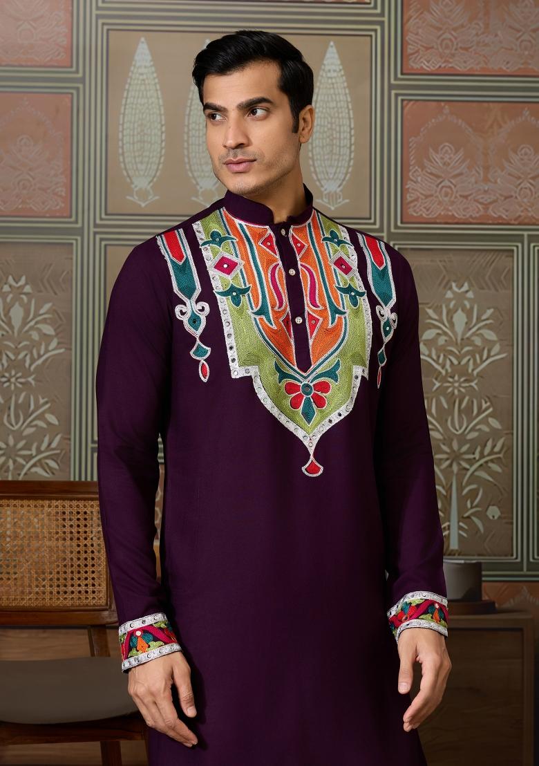 Purple Embroidered Cotton Kurta For Men - Indya
