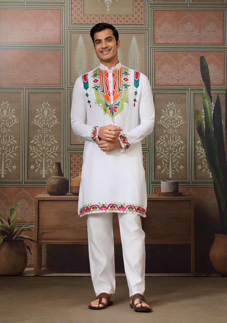 White Embroidered Cotton Kurta For Men - Indya