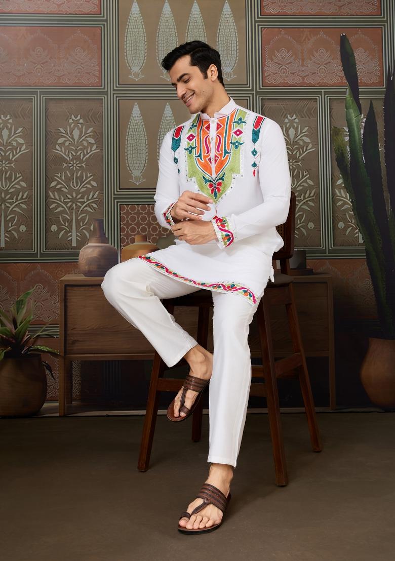 White Embroidered Cotton Kurta For Men - Indya