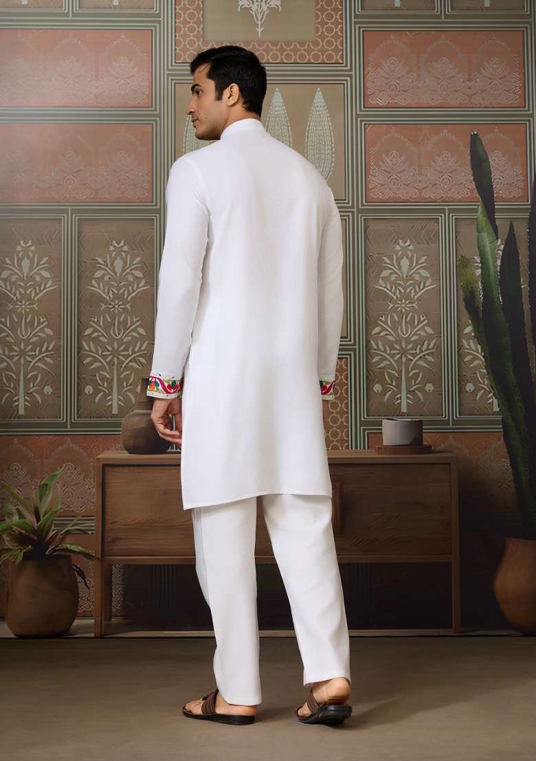 White Embroidered Cotton Kurta For Men - Indya