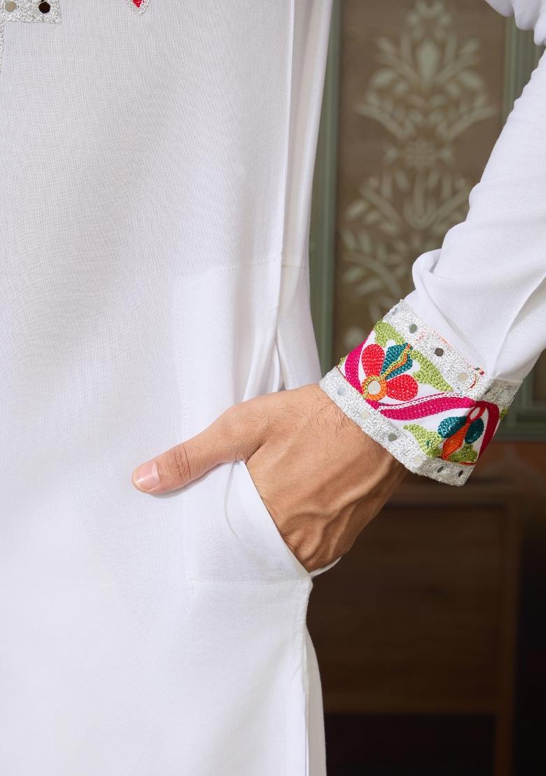 White Embroidered Cotton Kurta For Men - Indya