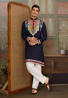 Navy Blue Embroidered Cotton Kurta For Men