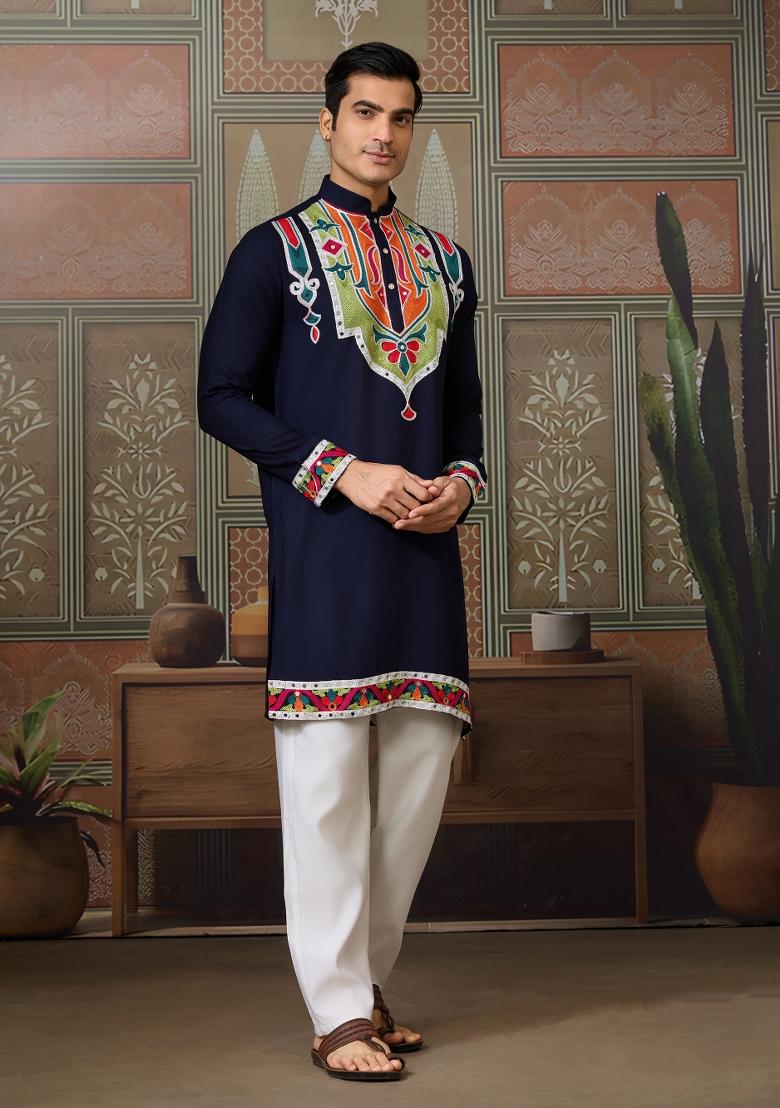 Navy Blue Embroidered Cotton Kurta For Men - Indya