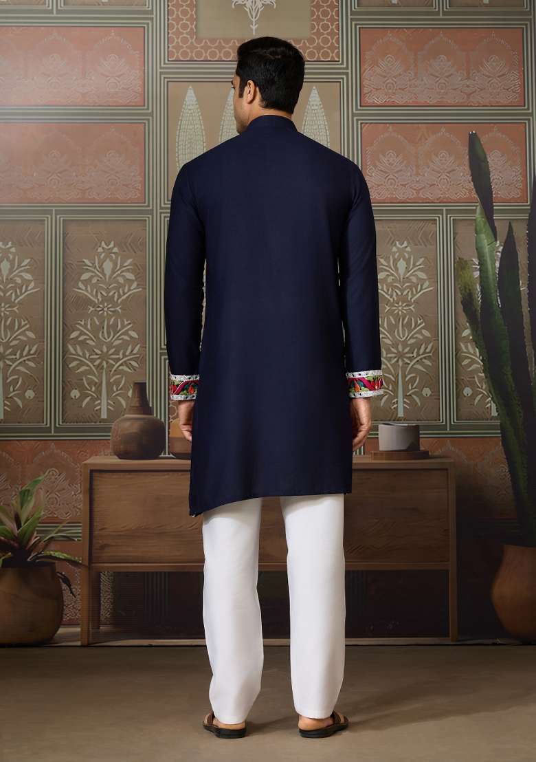Navy Blue Embroidered Cotton Kurta For Men - Indya