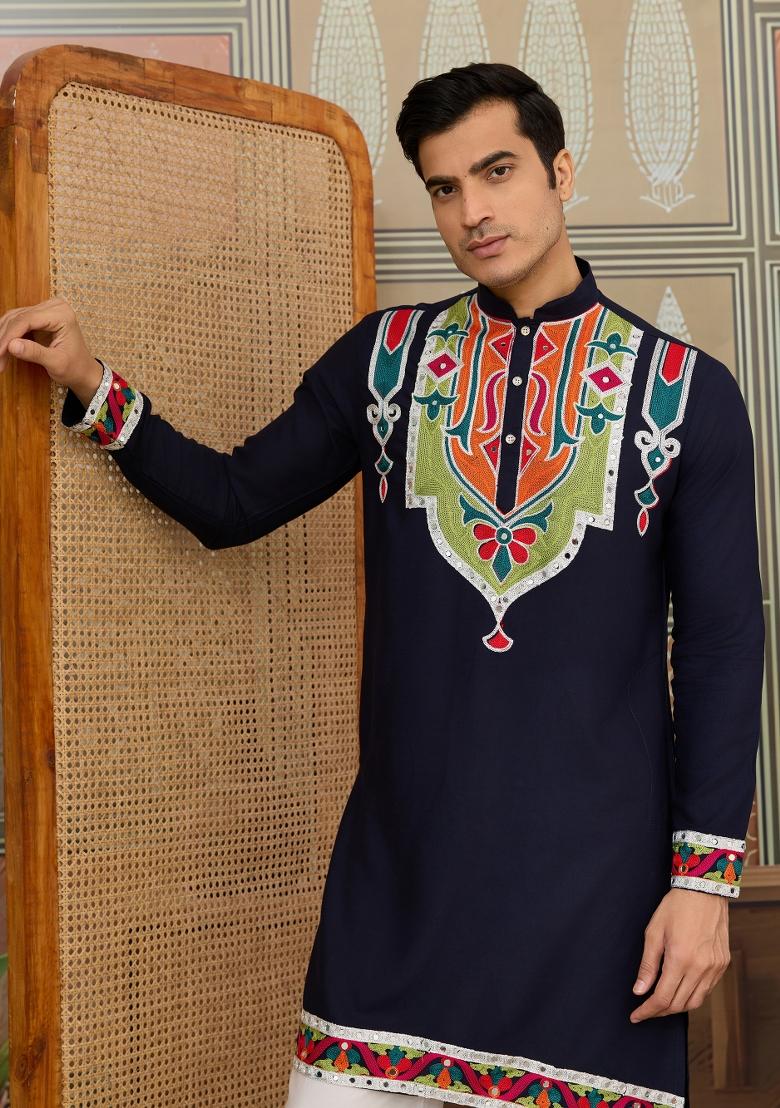 Navy Blue Embroidered Cotton Kurta For Men - Indya