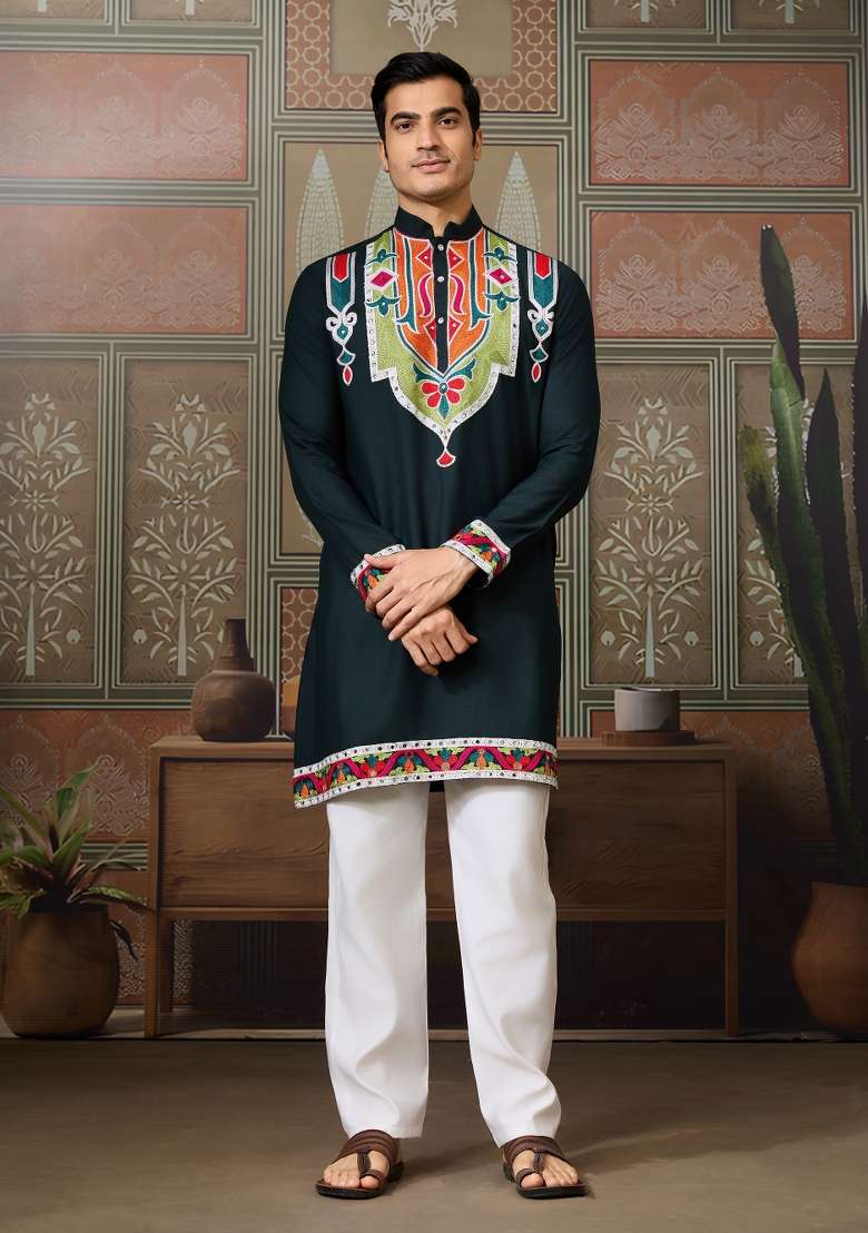 Green Embroidered Cotton Kurta For Men - Indya