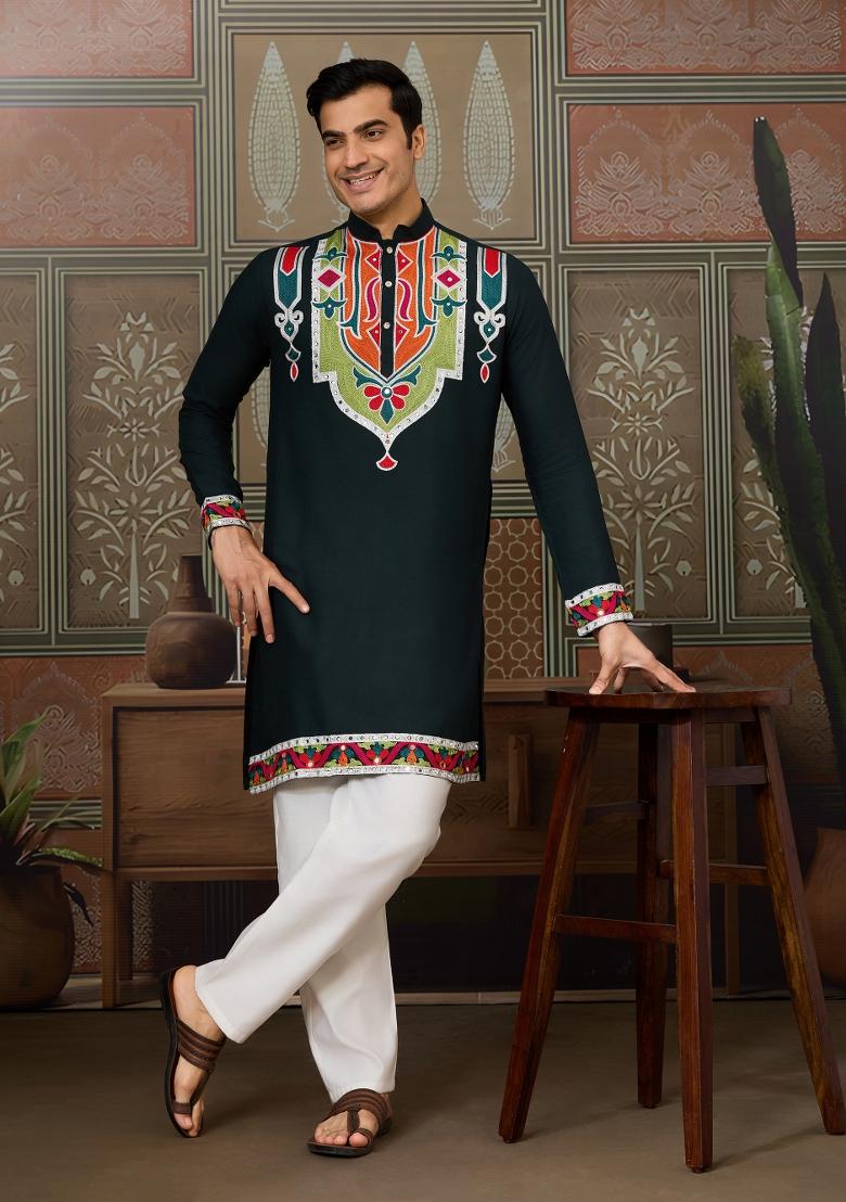 Green Embroidered Cotton Kurta For Men - Indya