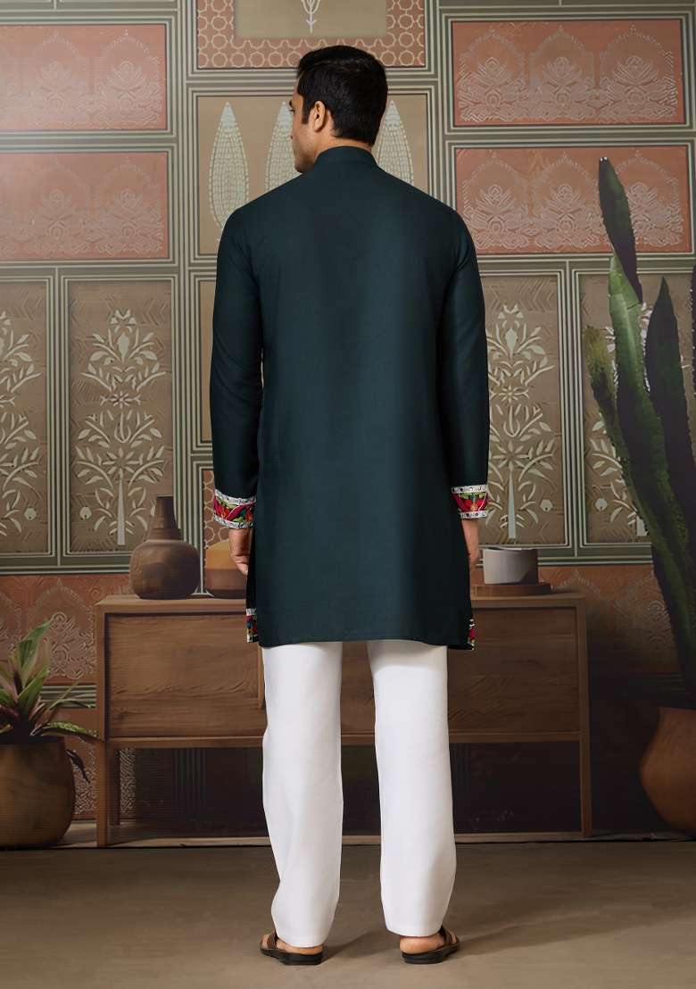 Green Embroidered Cotton Kurta For Men - Indya