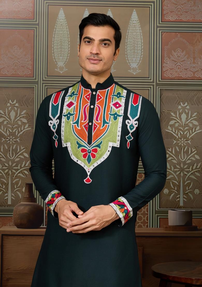 Green Embroidered Cotton Kurta For Men - Indya