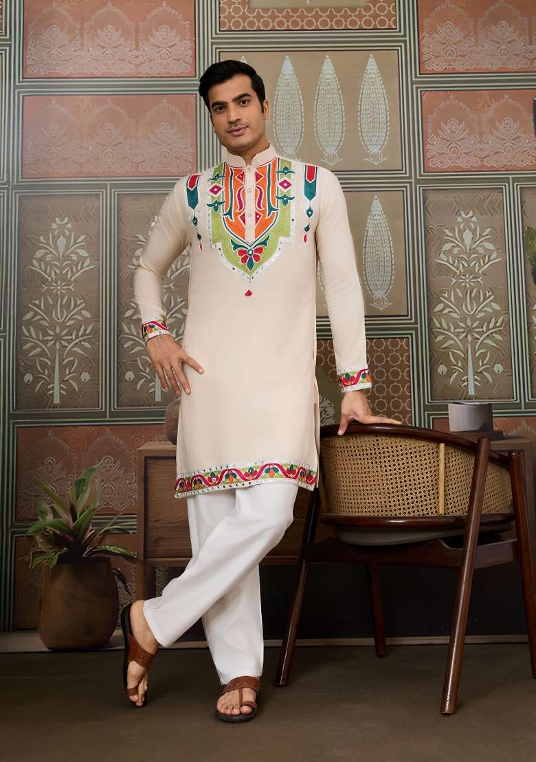 Cream Embroidered Cotton Kurta For Men - Indya