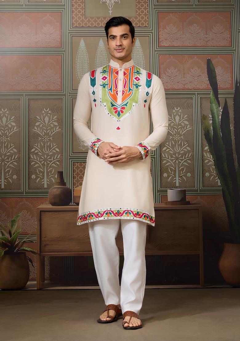 Cream Embroidered Cotton Kurta For Men - Indya