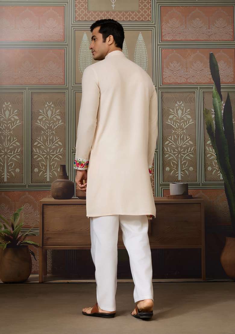 Cream Embroidered Cotton Kurta For Men - Indya