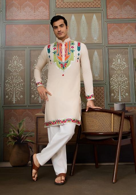 Cream Embroidered Cotton Kurta For Men