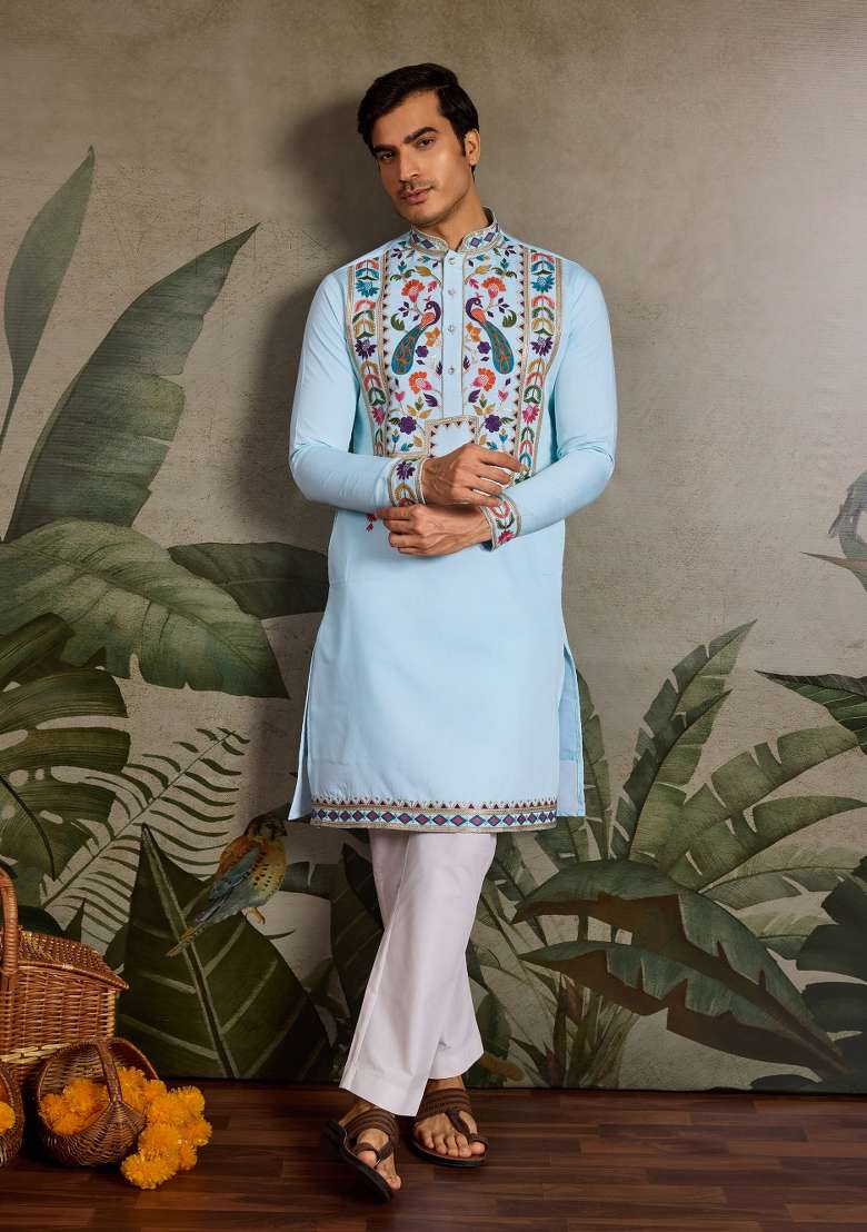 Sky Blue Embroidered Silk Blend Kurta For Men - Indya