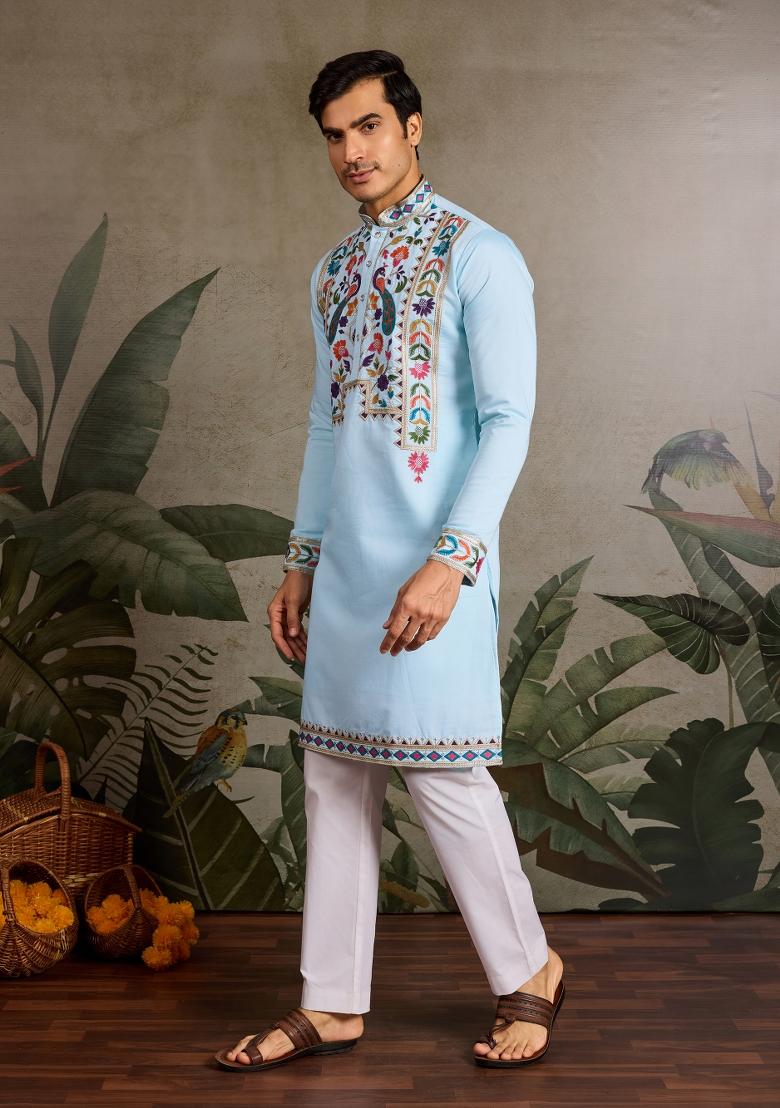 Sky Blue Embroidered Silk Kurta For Men - Indya