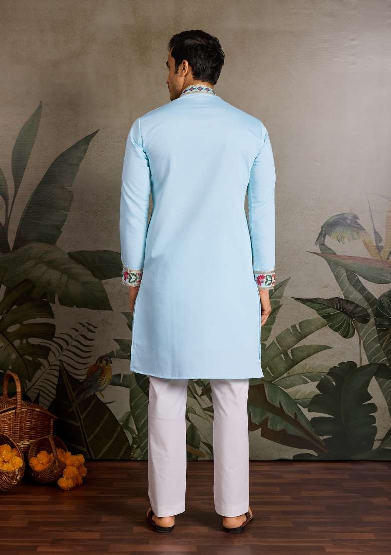 Sky Blue Embroidered Silk Blend Kurta For Men - Indya