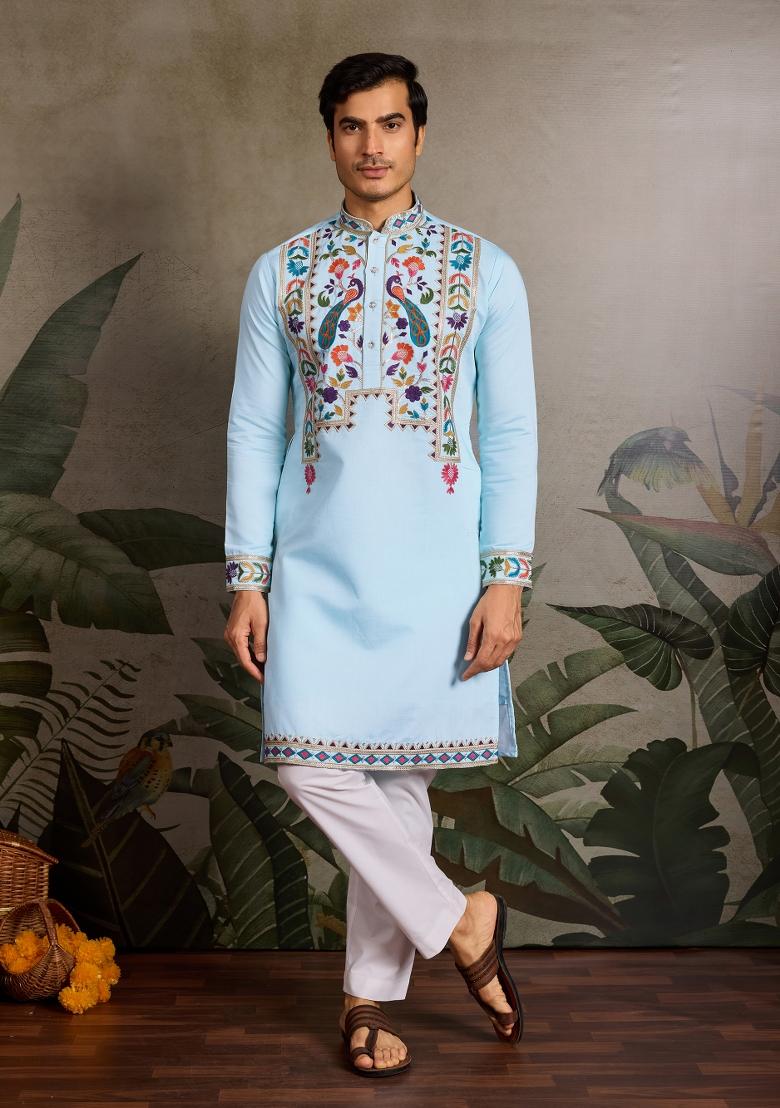 Sky Blue Embroidered Silk Kurta For Men - Indya