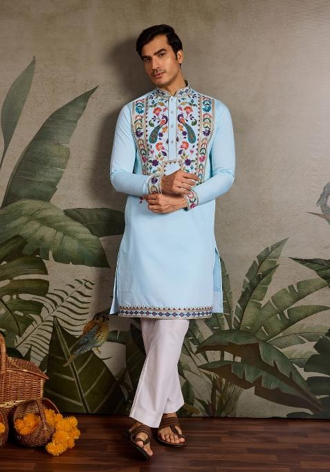 Sky Blue Embroidered Silk Blend Kurta For Men