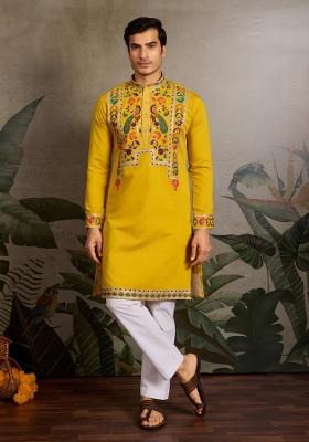 Yellow Embroidered Silk Kurta For Men