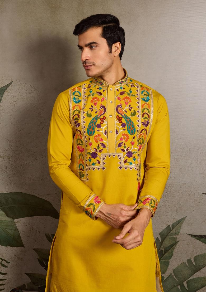 Yellow Embroidered Silk Kurta For Men - Indya