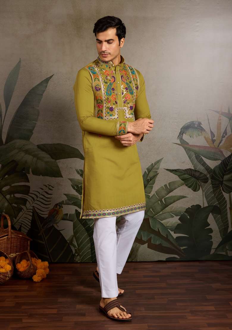 Olive Embroidered Silk Blend Kurta For Men - Indya