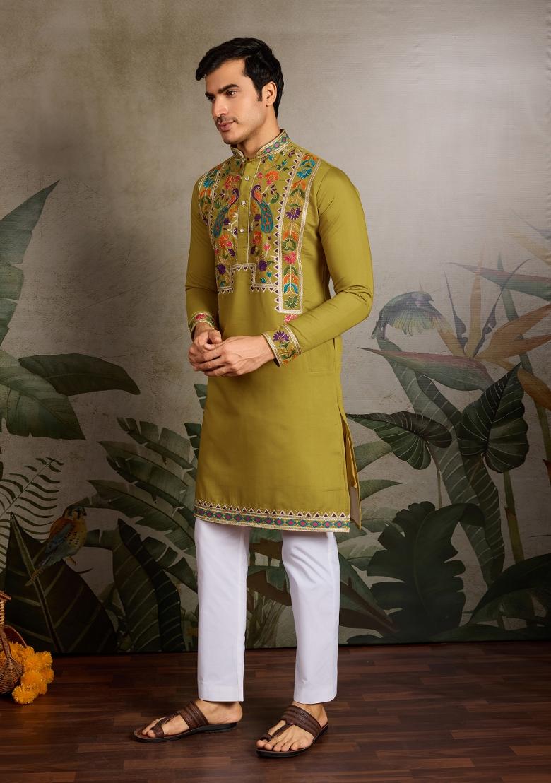 Olive Embroidered Silk Kurta For Men - Indya