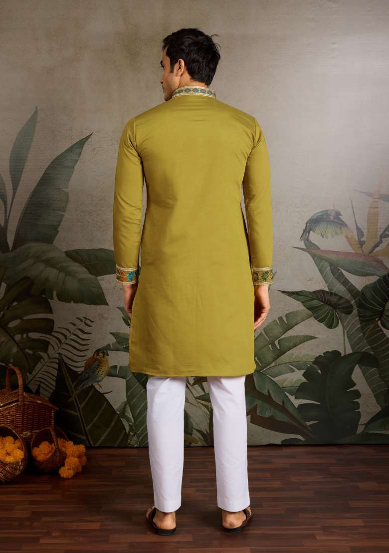 Olive Embroidered Silk Blend Kurta For Men - Indya