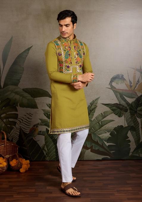 Olive Embroidered Silk Kurta For Men