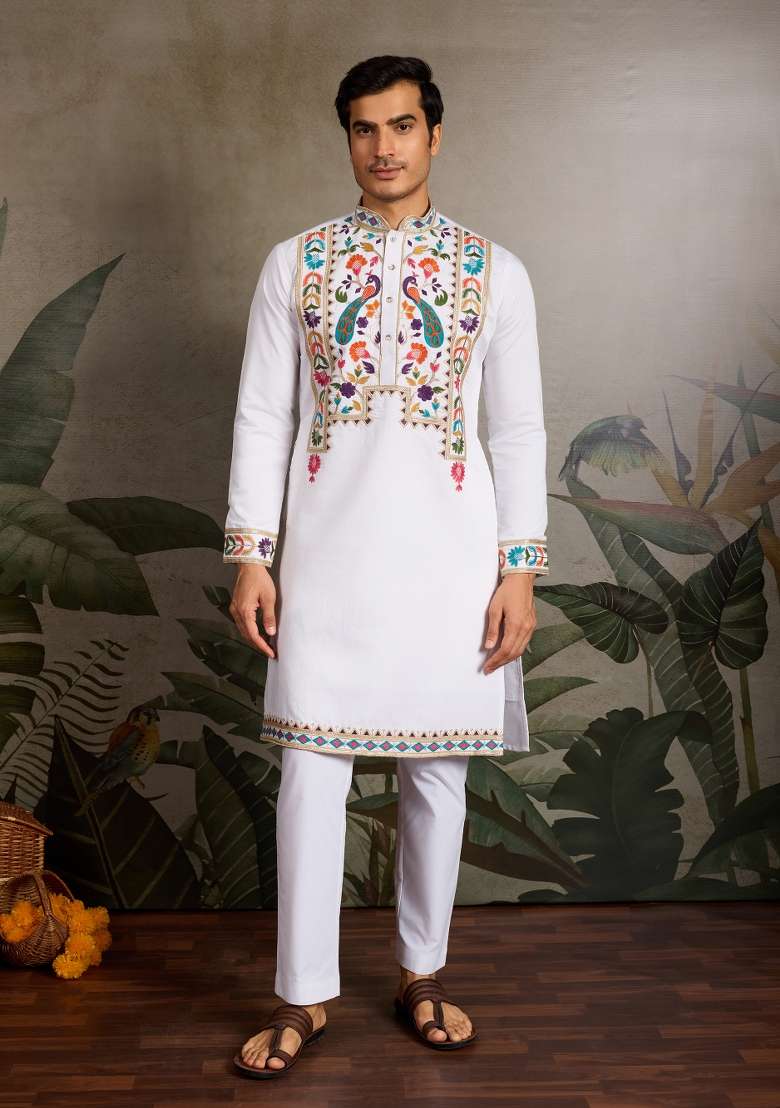 White Embroidered Silk Blend Kurta For Men - Indya