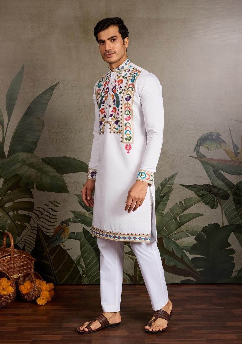 White Embroidered Silk Kurta For Men - Indya