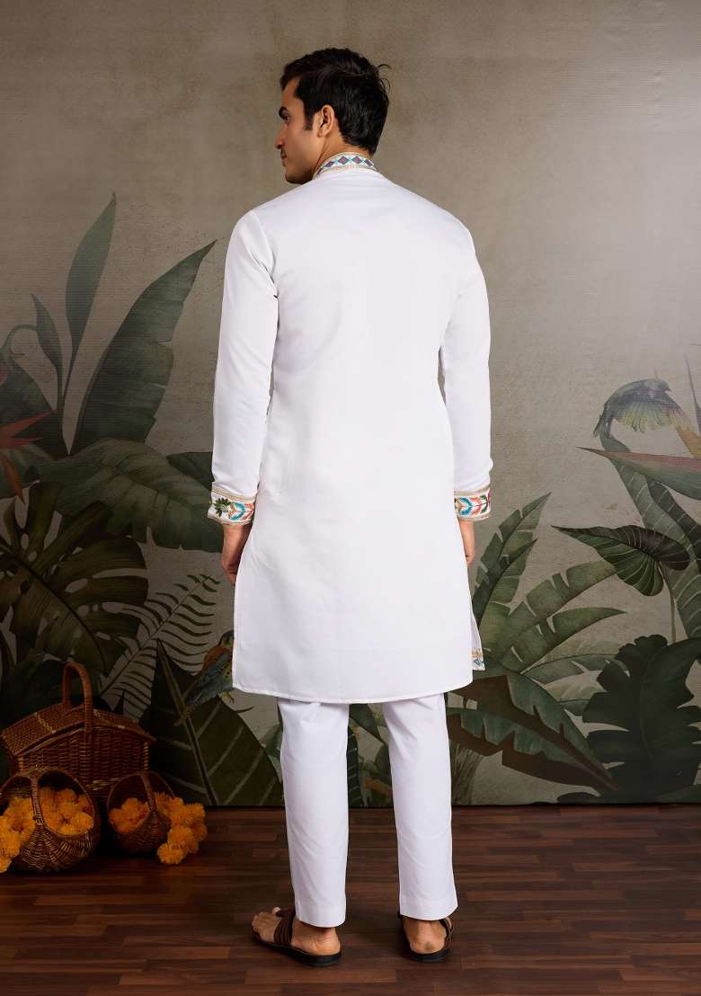 White Embroidered Silk Blend Kurta For Men - Indya