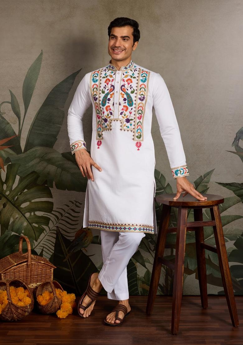 White Embroidered Silk Kurta For Men - Indya