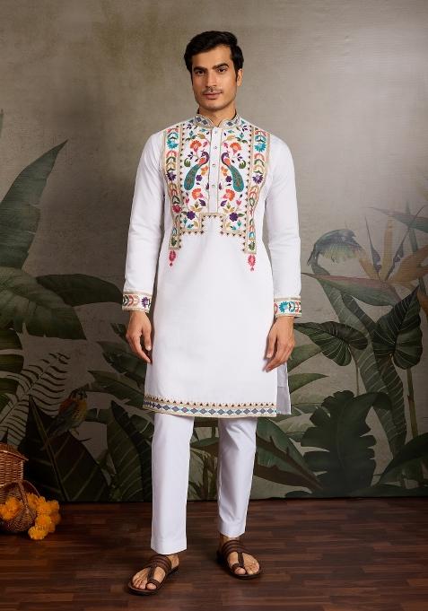 White Embroidered Silk Blend Kurta For Men