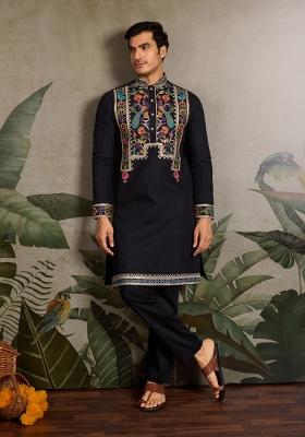 Black Embroidered Silk Kurta For Men