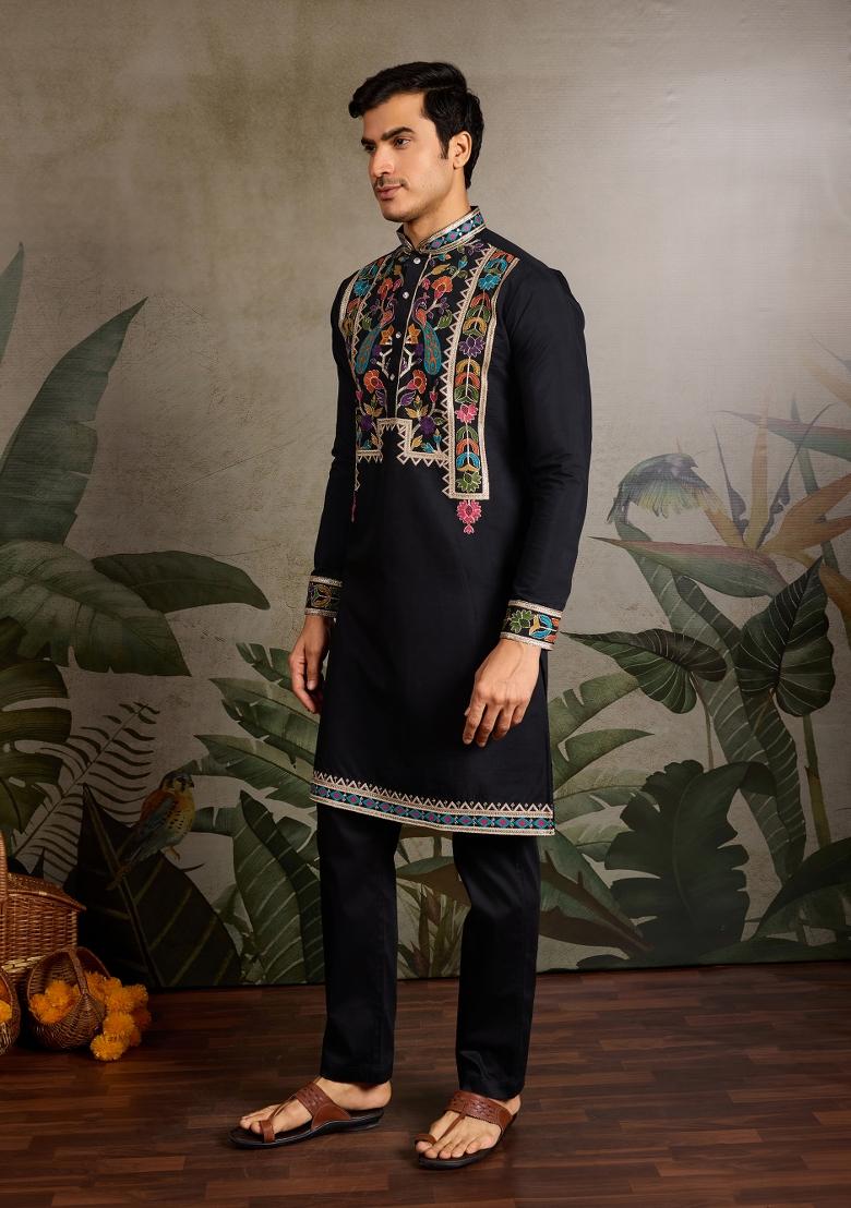 Black Embroidered Silk Kurta For Men - Indya