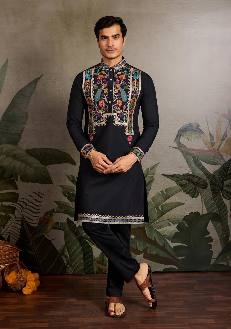 Black Embroidered Silk Kurta For Men - Indya