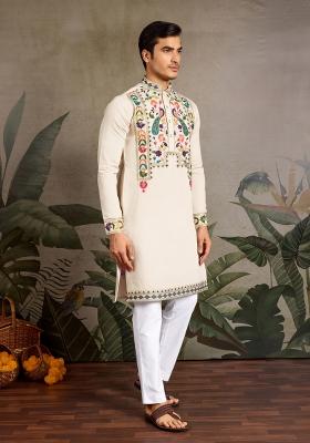 Beige Embroidered Silk Kurta For Men