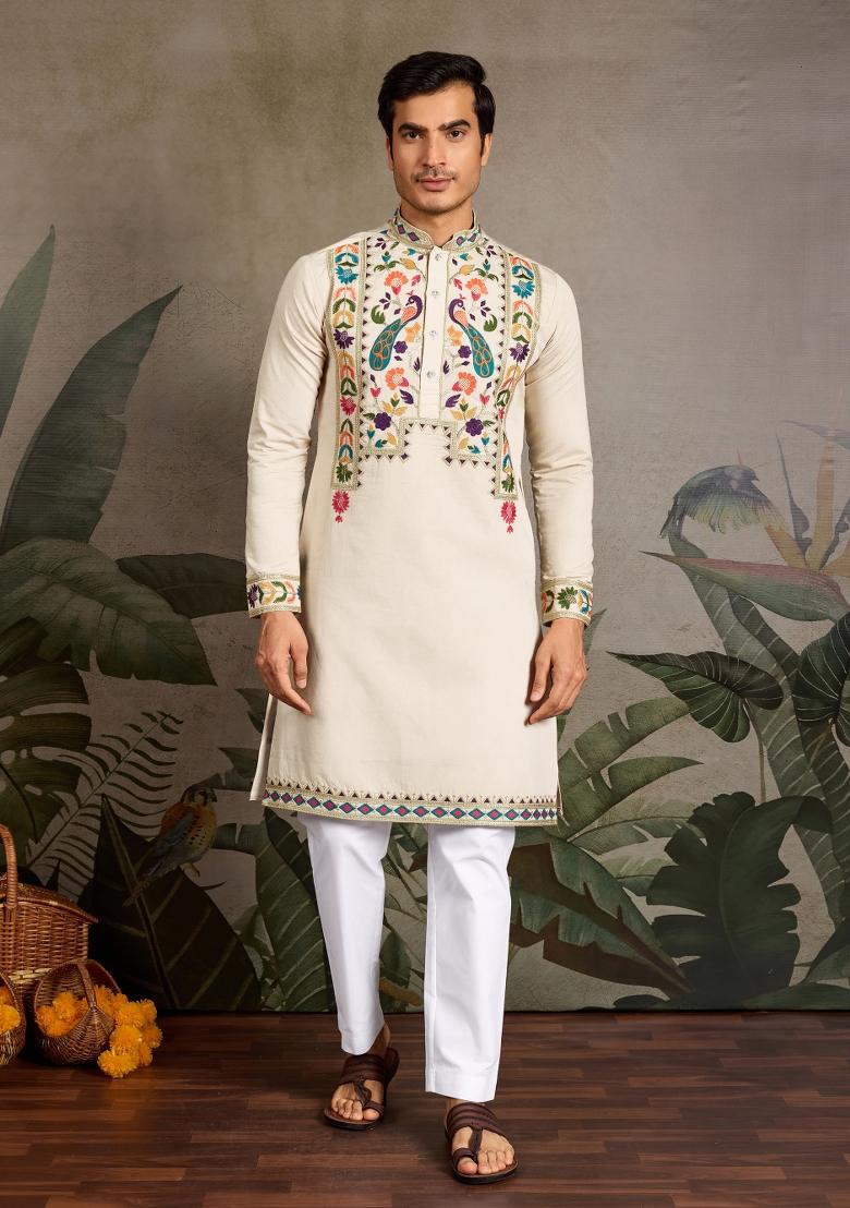 Beige Embroidered Silk Kurta For Men - Indya
