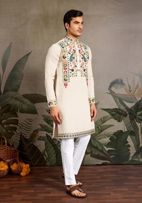 Beige Embroidered Silk Kurta For Men