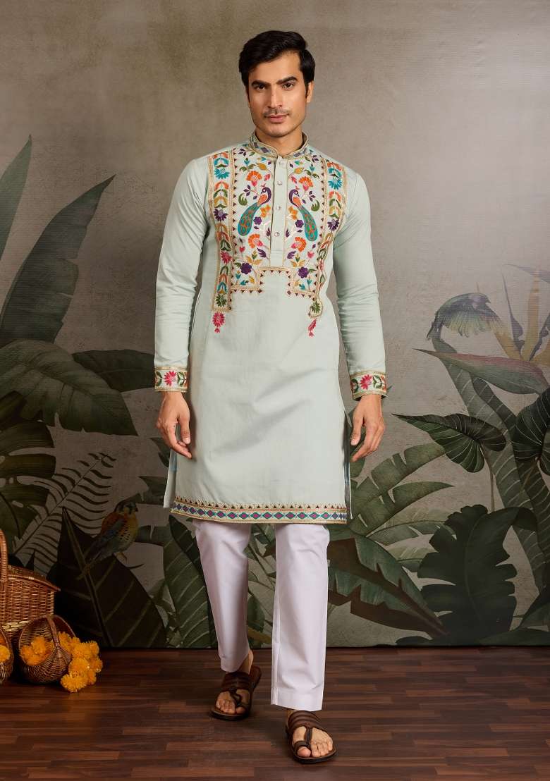 Pista Green Embroidered Silk Blend Kurta For Men - Indya