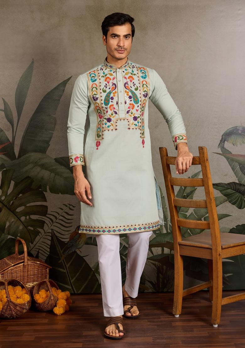 Pista Green Embroidered Silk Kurta For Men - Indya