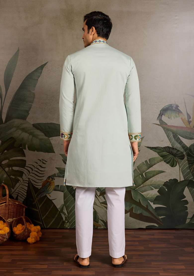 Pista Green Embroidered Silk Blend Kurta For Men - Indya