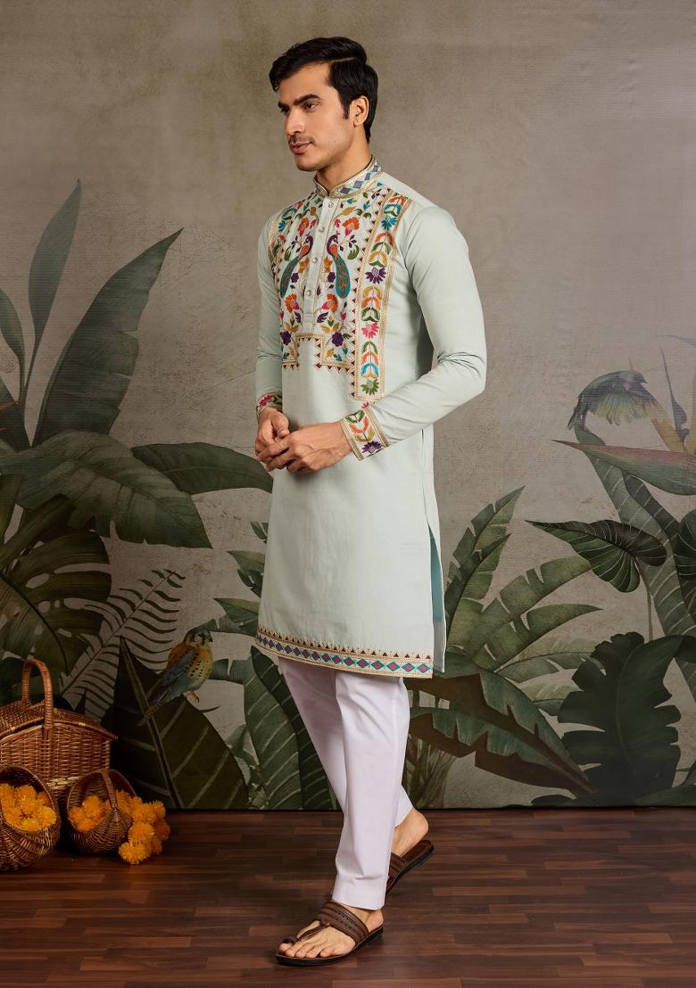 Pista Green Embroidered Silk Kurta For Men - Indya